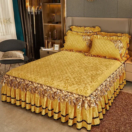 Plush Winter Warm Bedspread on The Bed Thickened Bed Skirt-style Embroidery Cotton Quilt Bedding Cover Pillowcases