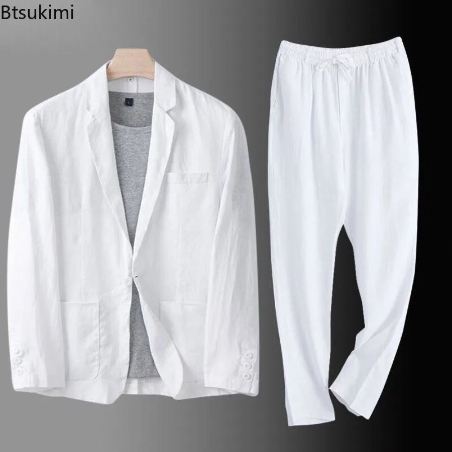 2026Summer Linen Suit Sets Men's Blazers Pants Suit Loose Casual High Street Sunscreen Jackets Long Trousers Set Male Clothes
