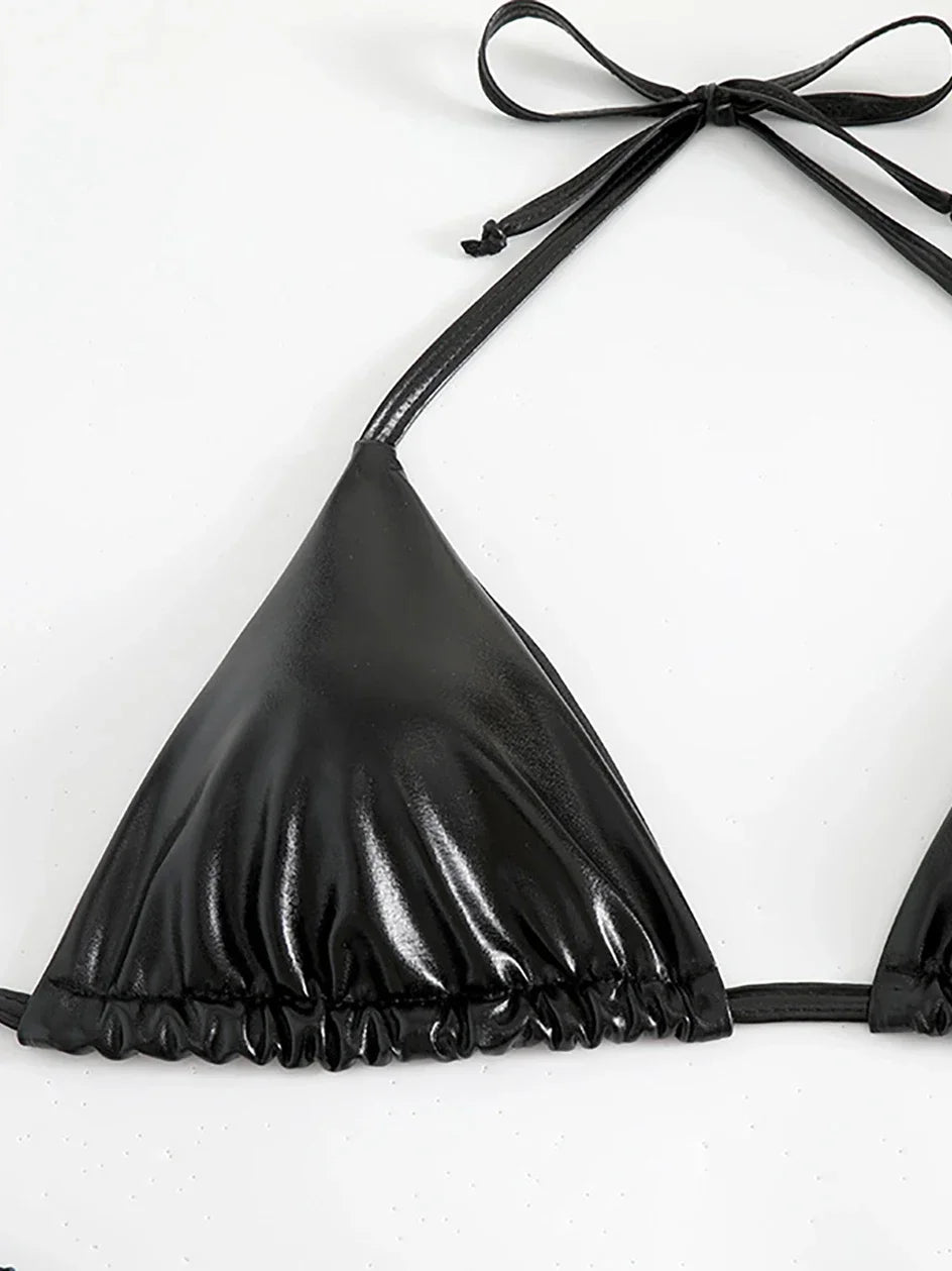 Sexy Metallic Halter Bikinis Sets Lace Up Triangle Tie Side Bikini 2024 Swimsuit Women Swimwear Brazilian Female Bathing Suits