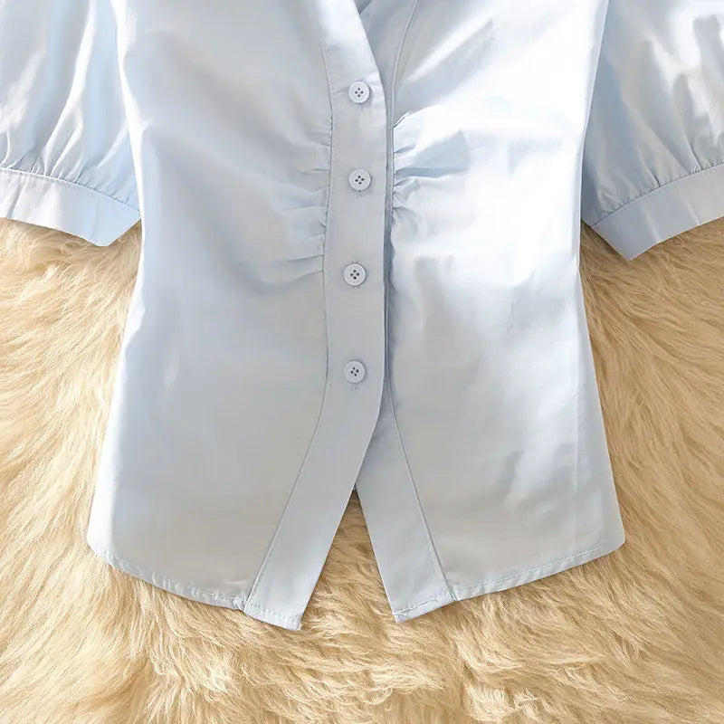 Cropped Summer Shirts Women Simple Office Lady All-match Solid Sweet Short-sleeve Design Chic Young Y2k Tops Popular Slim Preppy