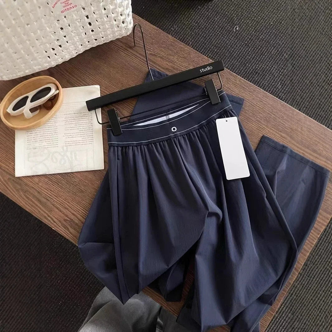 New Elastic High Waist Casual Sports Pants Solid Color American Style Pants 2025 Fashion High Street Summer Straight Trousers