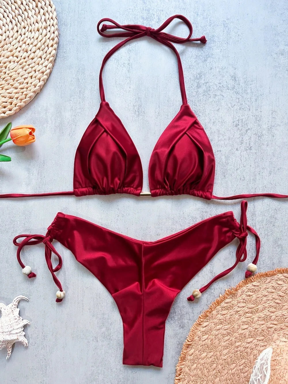 Solid color bikini set 2026 women's new swimsuit 2-piece set bead neck hanging bikinis summer beach Swimwear