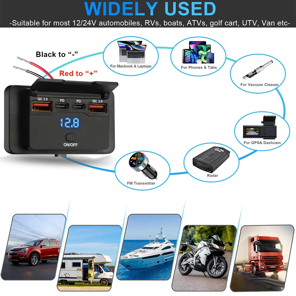 New 4 Ports Car Charger Socket Panel 12V/24V RV USB Outlet Dual QC3.0 PD Fast Charging Socket Accessories for Car Bus RV Truck