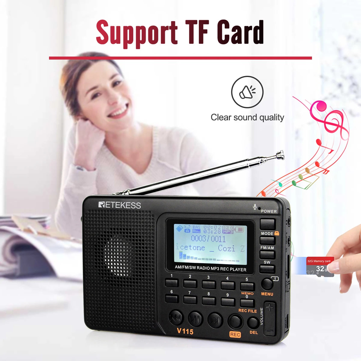 RETEKESS V115 Radio FM AM SW Portable Radios Rechargeable  Radio Batteries multiple bands  USB Recorder Speaker for Elders TX32