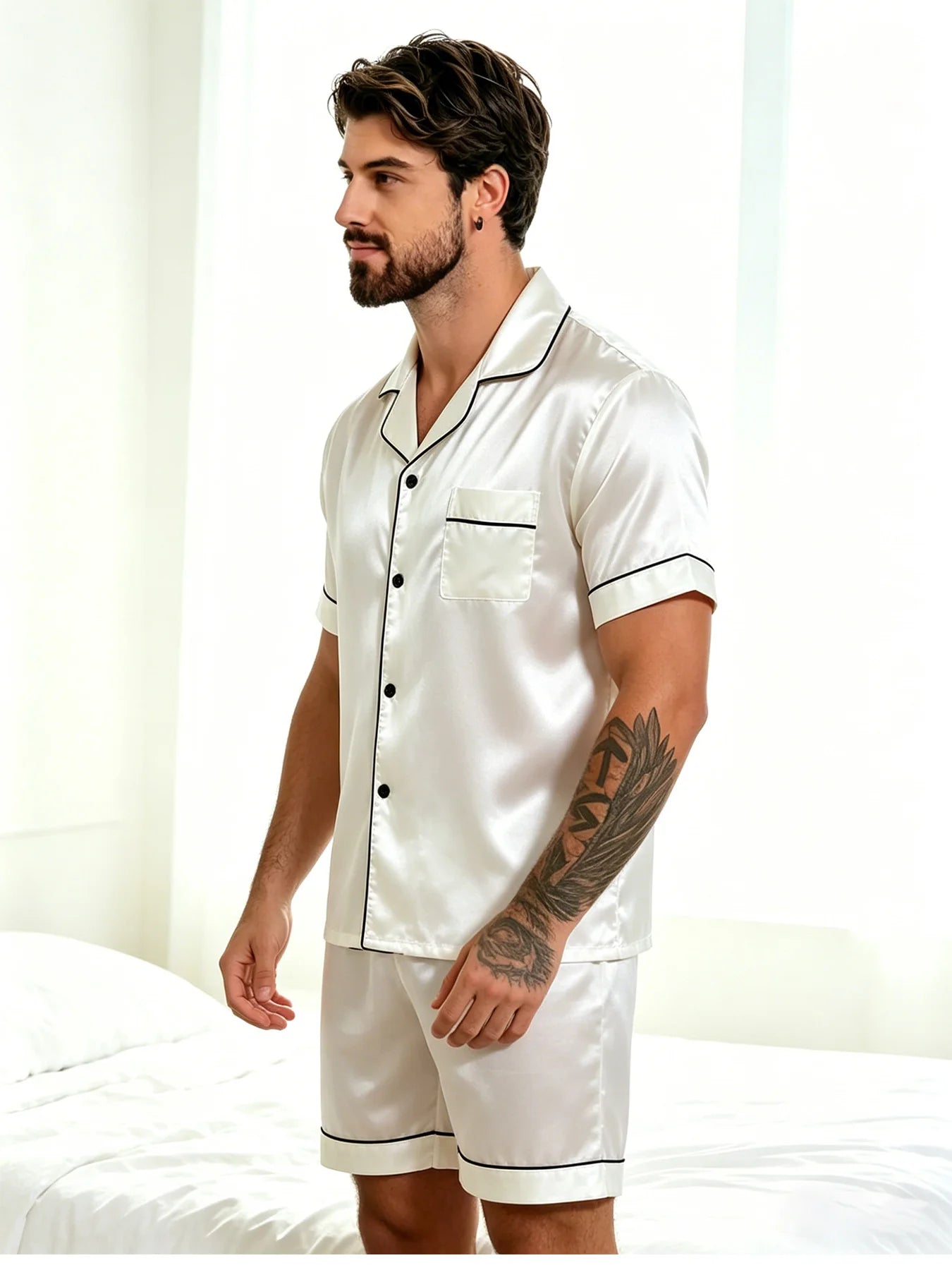 Men Satin Short Sleeve Pajama Set Summer Sleepwear for Man Button-Down Shirt & Elastic Waist Shorts Pajamas Home Clothes 2 Piece