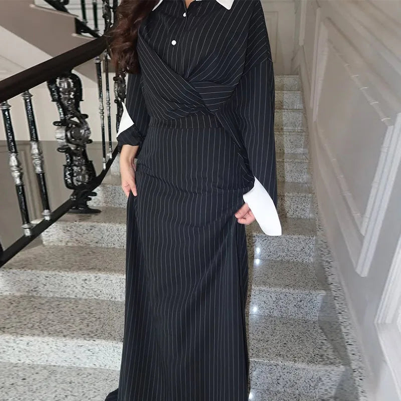 Sexy Striped Skirt Set Women Lapel Single-breasted Shirts Pleated A-line Skirts 2026 Spring Summer Office Lady 2 Pieces Outfit