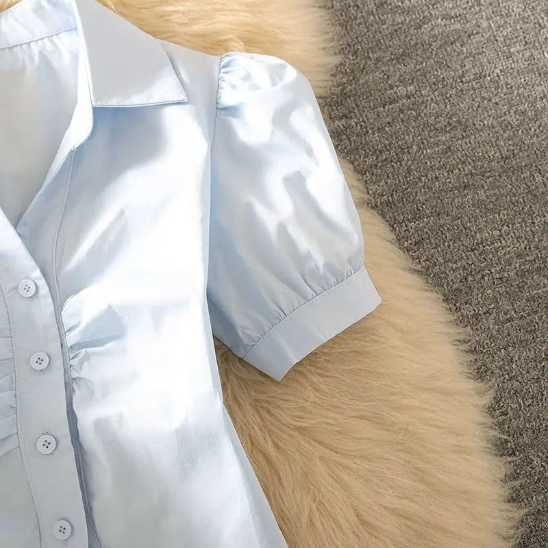 Cropped Summer Shirts Women Simple Office Lady All-match Solid Sweet Short-sleeve Design Chic Young Y2k Tops Popular Slim Preppy