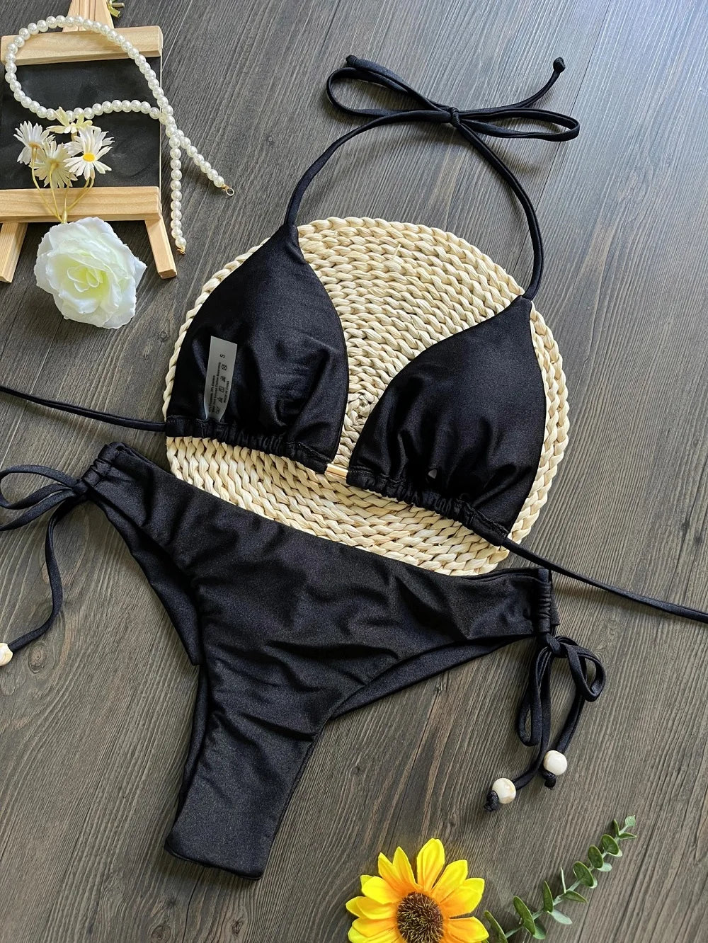 Solid color bikini set 2026 women's new swimsuit 2-piece set bead neck hanging bikinis summer beach Swimwear