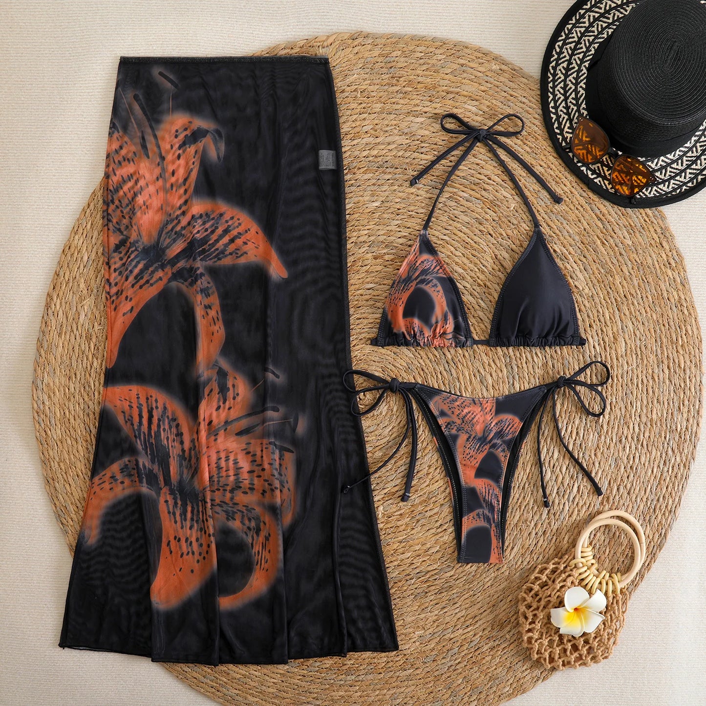 2026 New Flower Print Bikini Set Women's High Waist Long Skirt 3 Piece Swimsuit Sexy Mini Triangle Backless Thong Bathing Suit