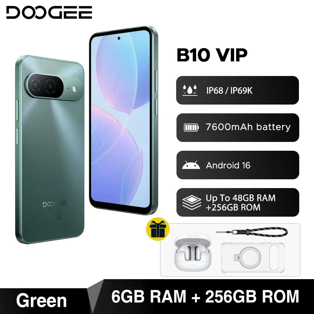 Global Version DOOGEE B10 Smartphone Android 16 7600mAh Battery 6GB 256GB 6.6'' Display 64MP AI Camera IP68 / IP69K Mobile Phone