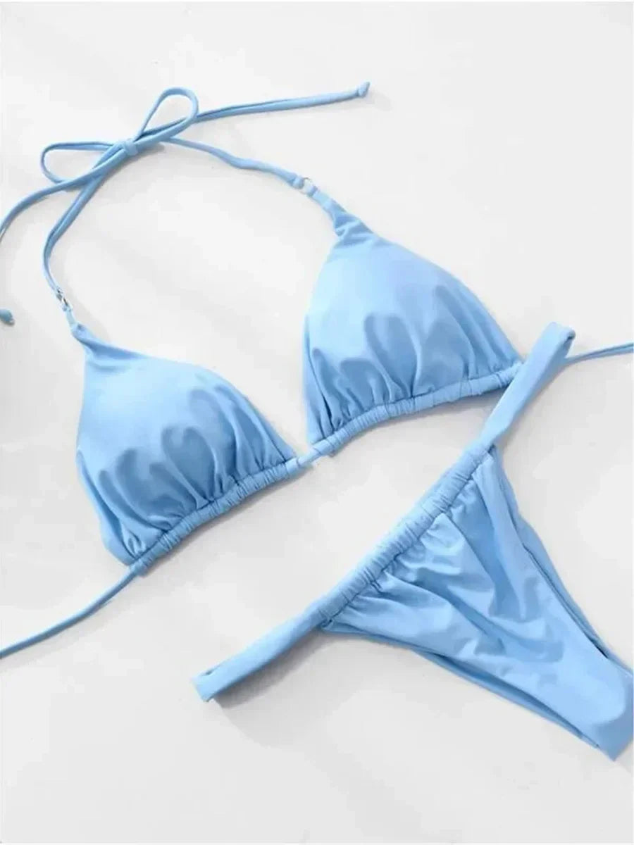 PU Pleated Ruched Bikinis Mini Micro Thong Bikini Women Swimwear Female Swimsuit Two-pieces Bikini Set Halter Bathing Suit Swim
