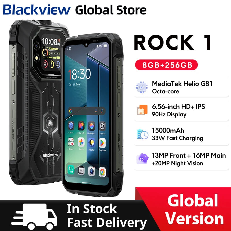 Blackview ROCK 1 AI Rugged Smartphone 6.56-inch 90Hz Display 256GB MediaTek Helio G81 Android 16 NFC Torch 15000mAh Cellphone