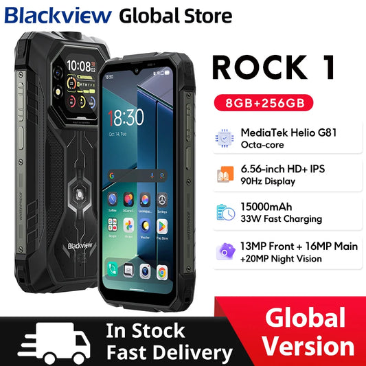 Blackview ROCK 1 AI Rugged Smartphone 6.56-inch 90Hz Display 256GB MediaTek Helio G81 Android 16 NFC Torch 15000mAh Cellphone