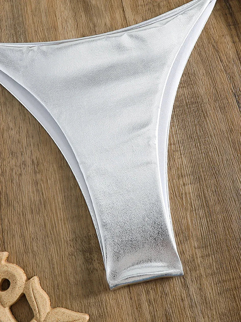 Sexy Metallic Halter Bikinis Sets Lace Up Triangle Tie Side Bikini 2024 Swimsuit Women Swimwear Brazilian Female Bathing Suits