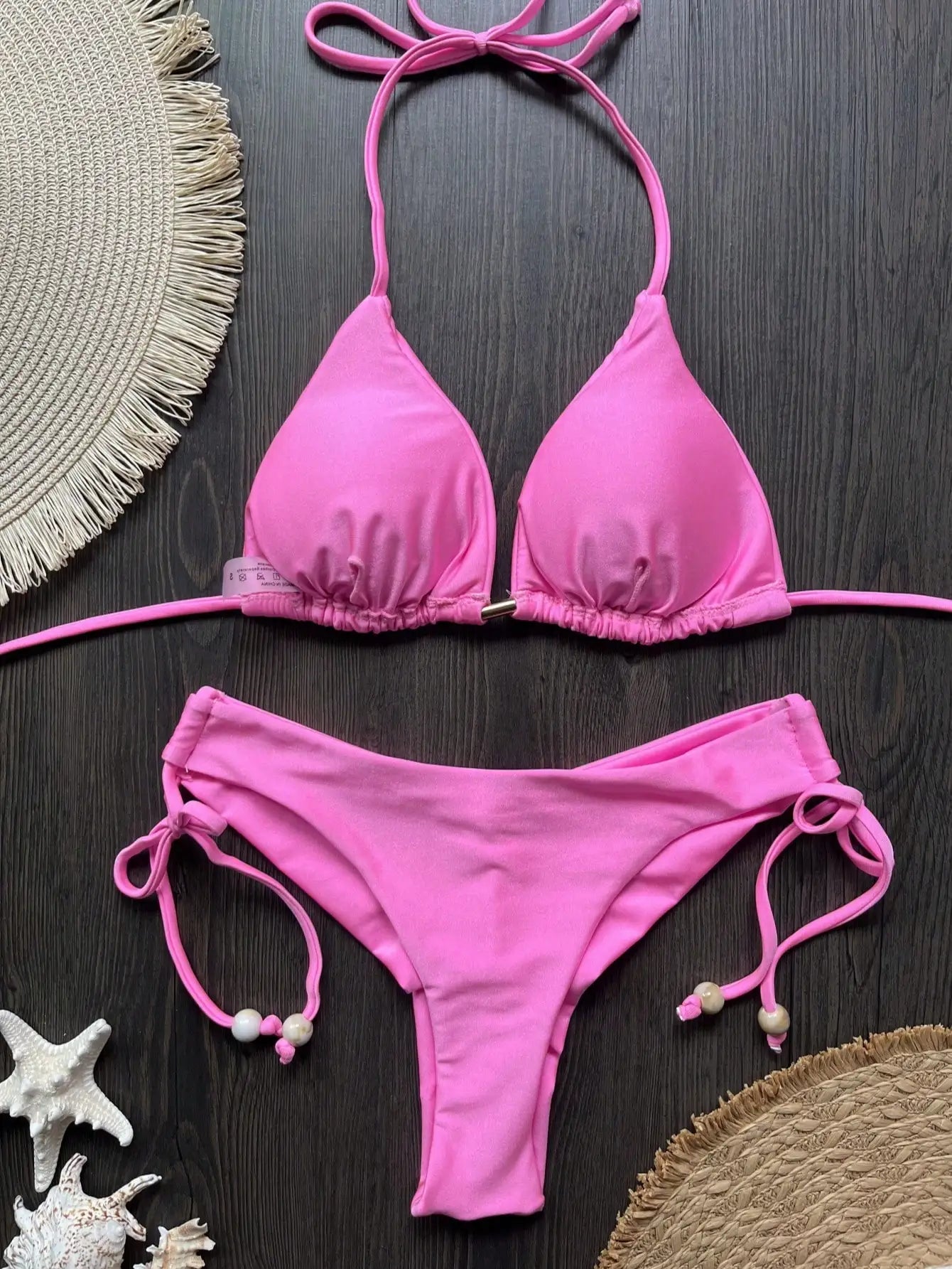 Solid color bikini set 2026 women's new swimsuit 2-piece set bead neck hanging bikinis summer beach Swimwear