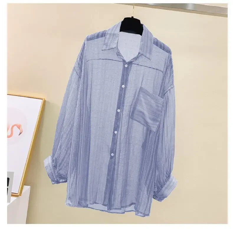 Summer Women's Elegant Chiffon Sunscreen Shirt Korean Harajuku Style See-Through Loose Blouse Thin Perspective Cardigan Yk2 Tops