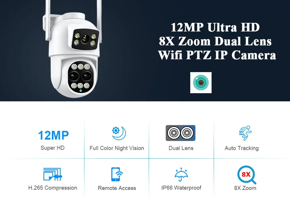 ICSEE Smart WIFI Security Camera 12MP 8K Three Lens 8X Zoom Outdoor HD Video Surveillance IP Cameras IPTV CCTV PTZ Auto Tracking