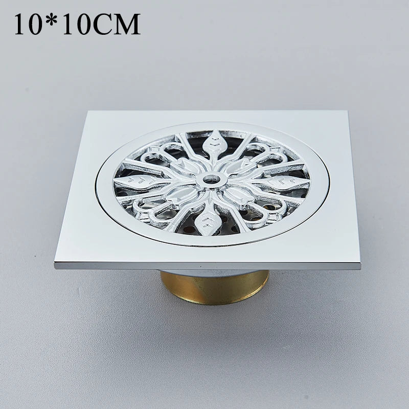 Shower Drains 10*10cm Square Bath Drains Strainer Hair Antique Brass Fish Carved Bathroom Floor Drain Waste Grate Drain