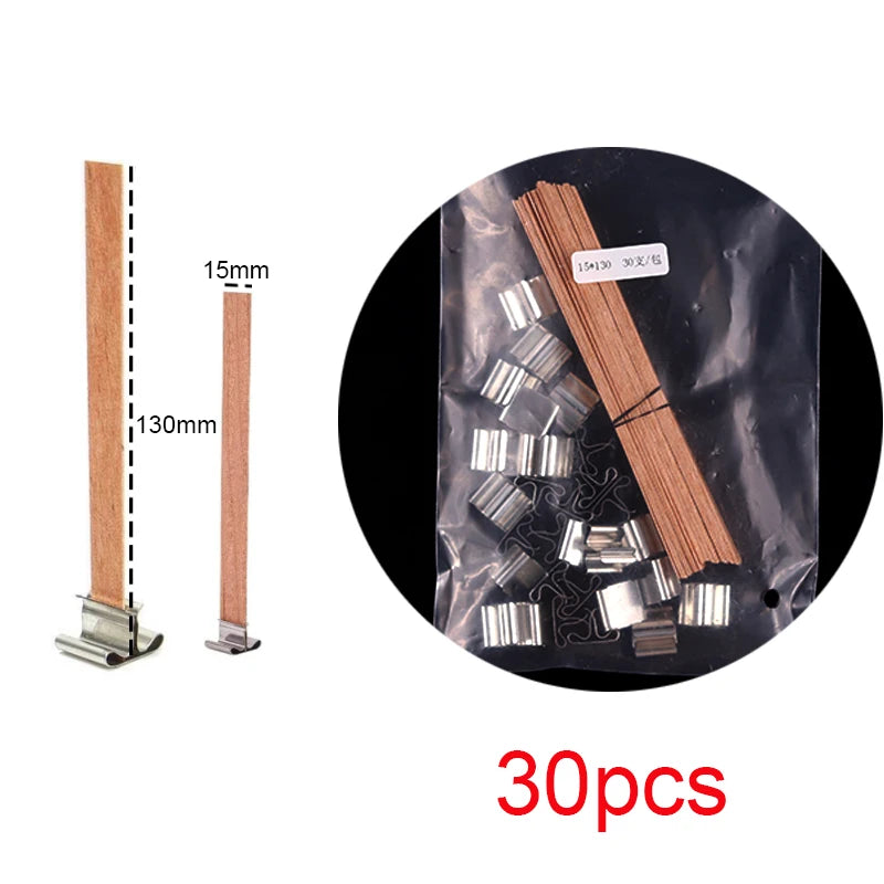 30pcs Wooden Candle Wicks Candle Making Set Wicks with Clip Base  Naturally Smokeless Wood Core for DIY Candle Jar Making Tools