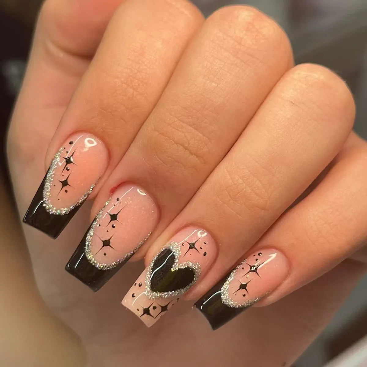 ARTAUG 24PCS Medium Ballerina Pink Nails Black French Tip Press On Nails Press On Nails Love Design Summer Nails Tipsy Cute Nail