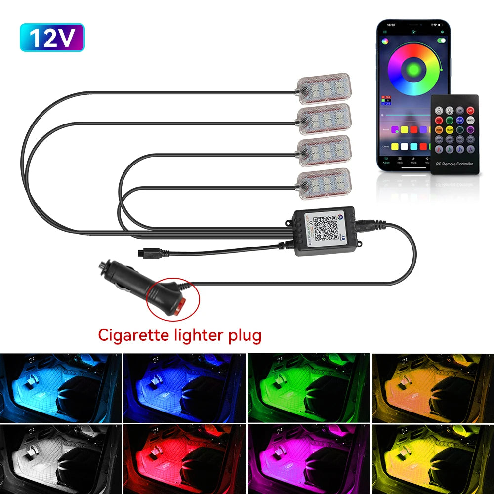 Car Interior Ambient Light RGB Foot Strip Lighting Kit Accessories Backlight Remote App Music Control Auto RGB Decorative Lamp