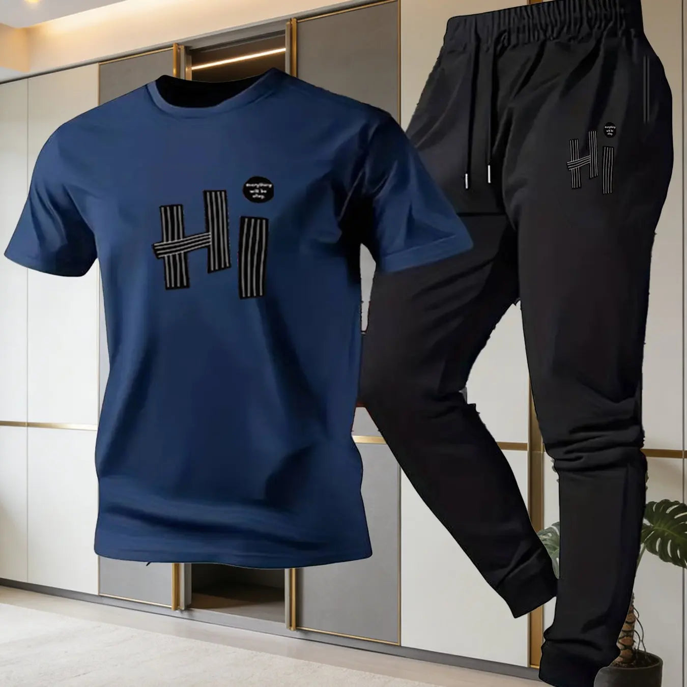 Men's HI Letter Striped Print T-Shirt & Thin Pants Set, Simple Casual Breathable Sports 2-Piece Set for Summer