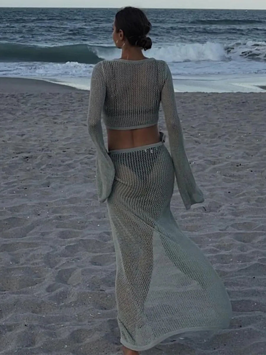 Cryptographic Hollow Out Knitted Top and Skirt Sets Outfits Women Elegant Summer Wrap Over Split 2 Piece Set Holiday Beachwear