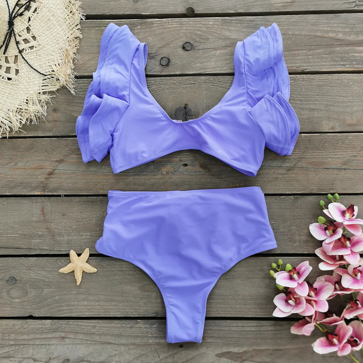 2026 Sexy Bikini Set Women High Waist Classic Off Solid Ruffle Sleeves Swimwear Red Separate Deep V Swimsuit Vintage Beach Set