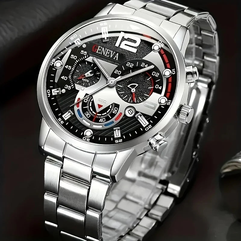 8-piece men's quartz watch set, featuring a black circular dial, bracelet, necklace, and ring