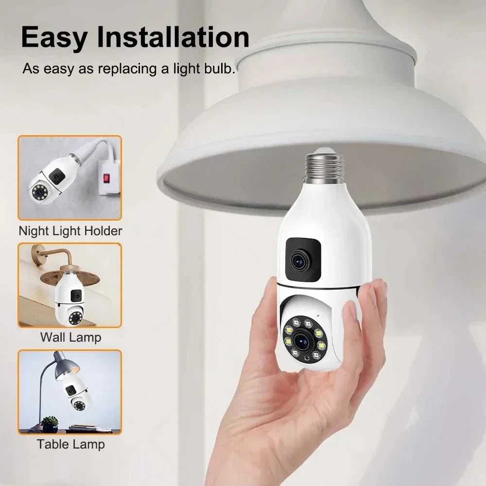 CCTV Security Camera with Dual Lens, PTZ Camera, Night Vision, Human Detection, Wi-Fi, Smart Home, 6MP Bulb, 2.4Ghz