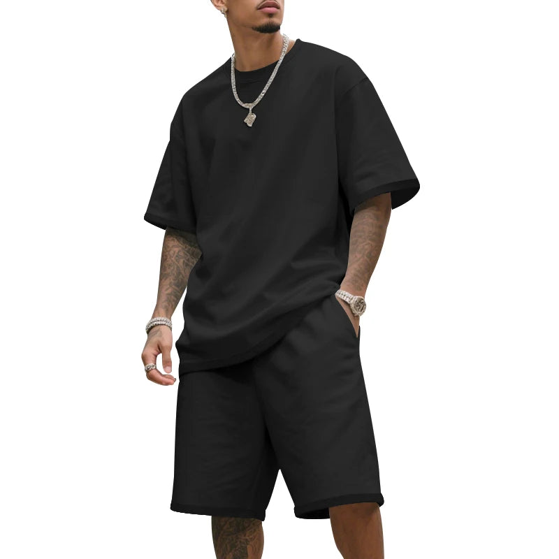 Men's two-piece clothing set, loose round-neck T-shirt and shorts set, casual sportswear, perfect for summer