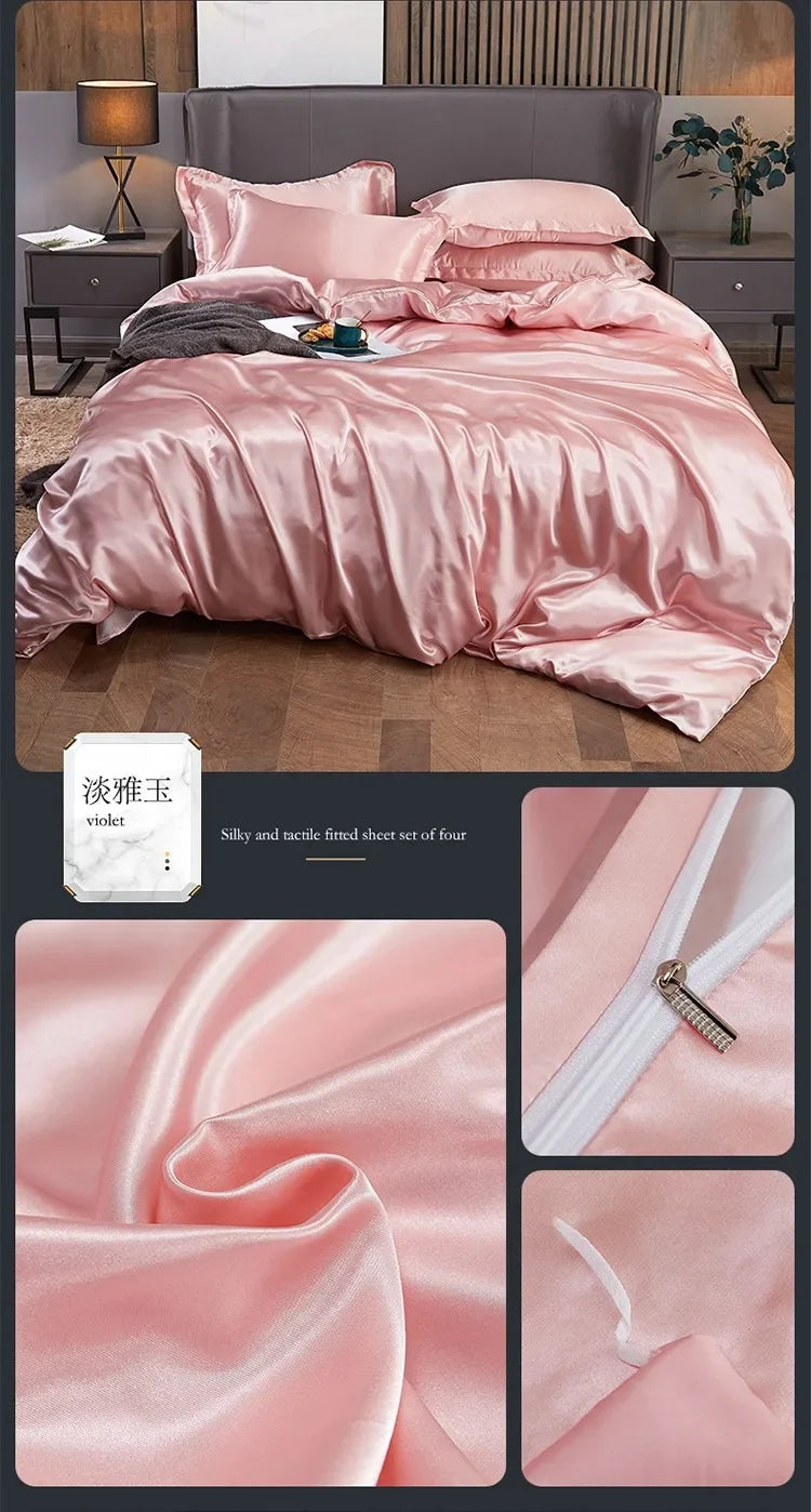 Solid Color Silk-like Bedding European and American Bed Sheet Quilt Cover Pillowcase