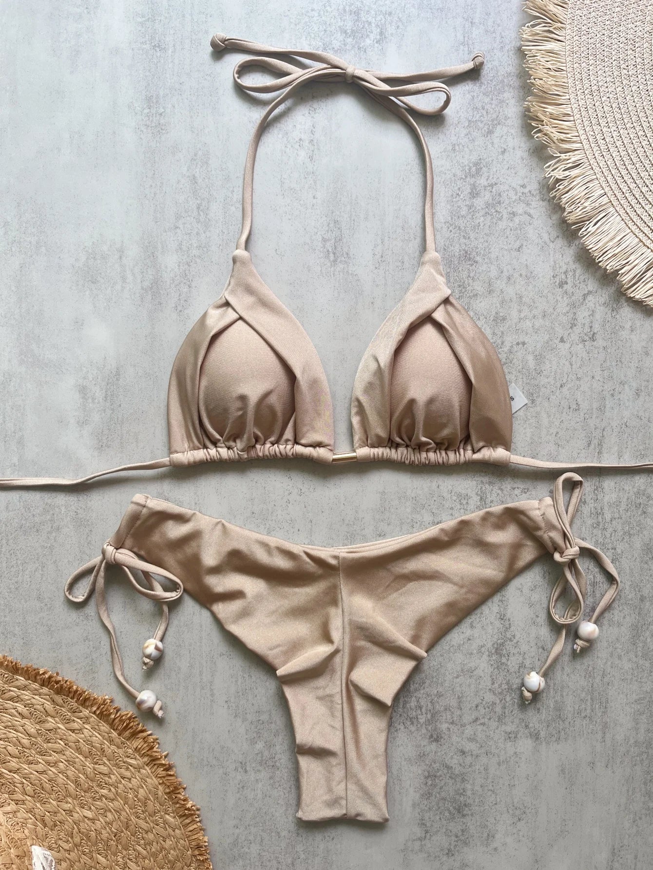 Solid color bikini set 2026 women's new swimsuit 2-piece set bead neck hanging bikinis summer beach Swimwear