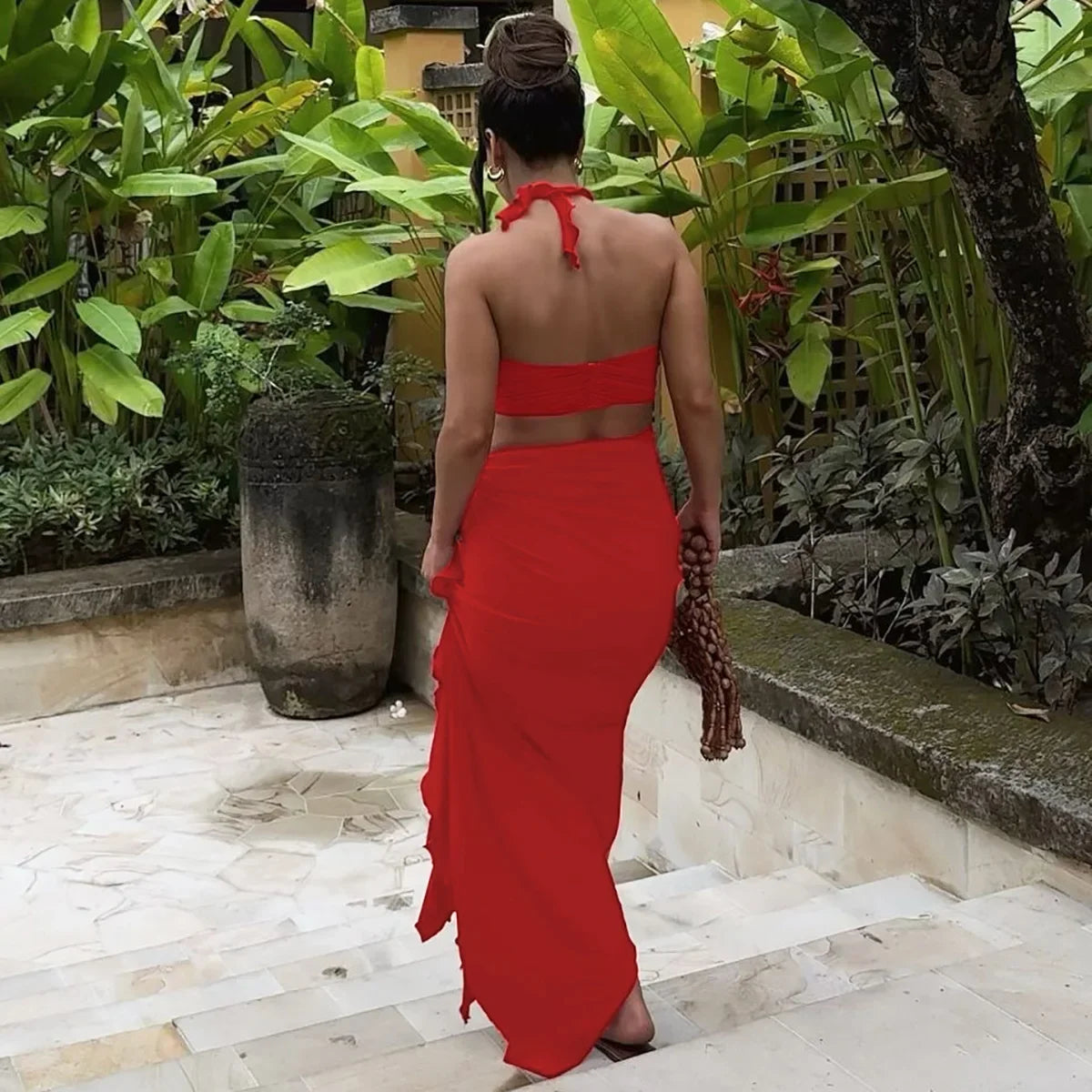 Women's Elegant Two Pieces Dresses Suits Flower Corset Top and High Slit Long Skirts Matching Sets Red Pink Vacation Outfit 2026