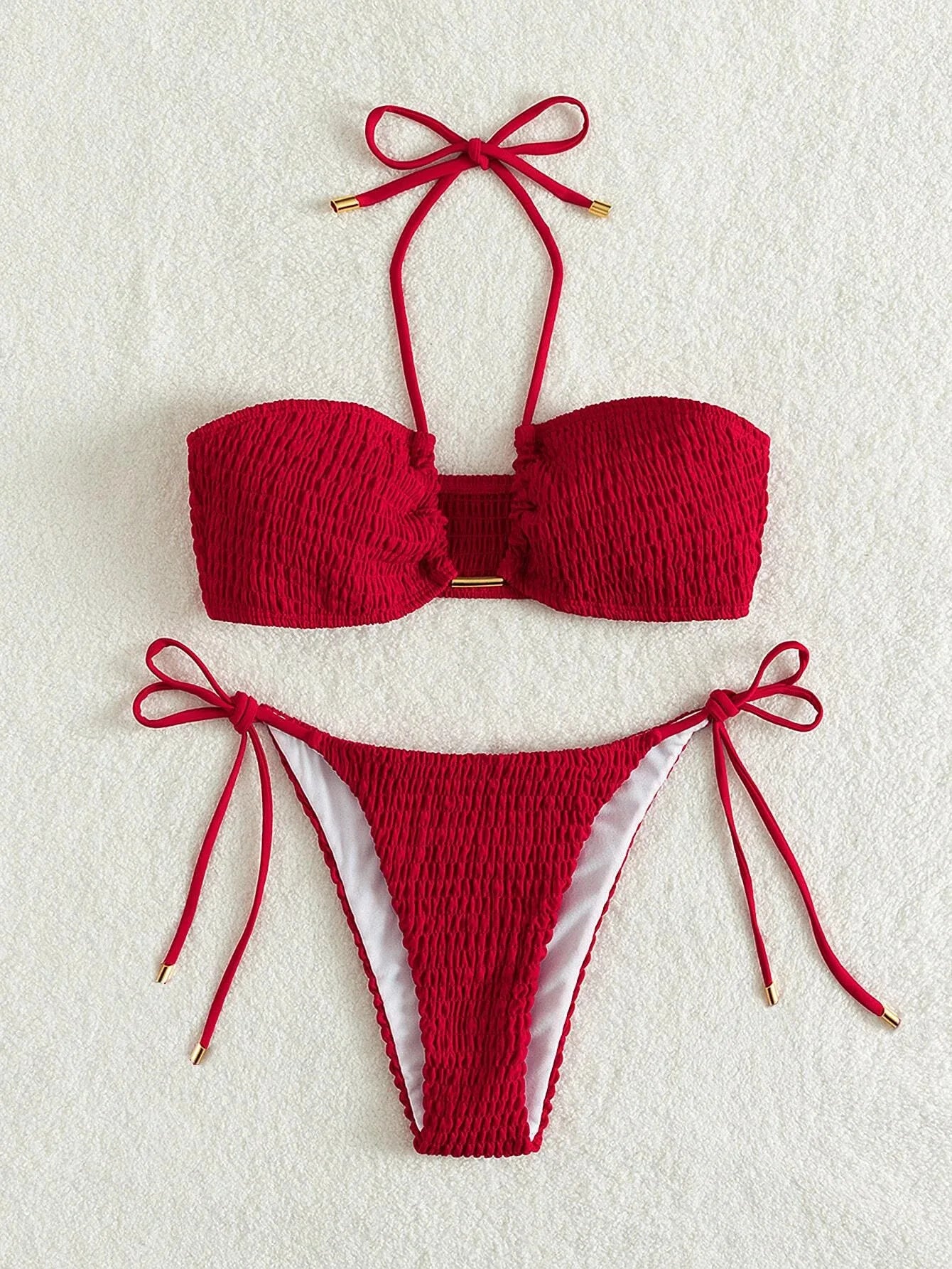 Sexy Triangle Bikini 2026 Women Red Black Ribbed Push Up Micro Swimsuit Cut Out Metal Designer Bathing Suit Knot Thong Swimwear