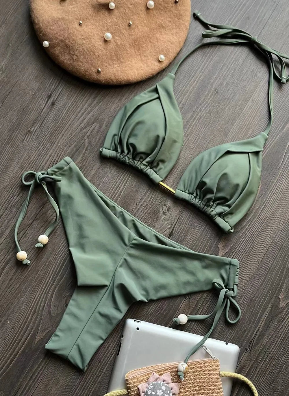 Solid color bikini set 2026 women's new swimsuit 2-piece set bead neck hanging bikinis summer beach Swimwear