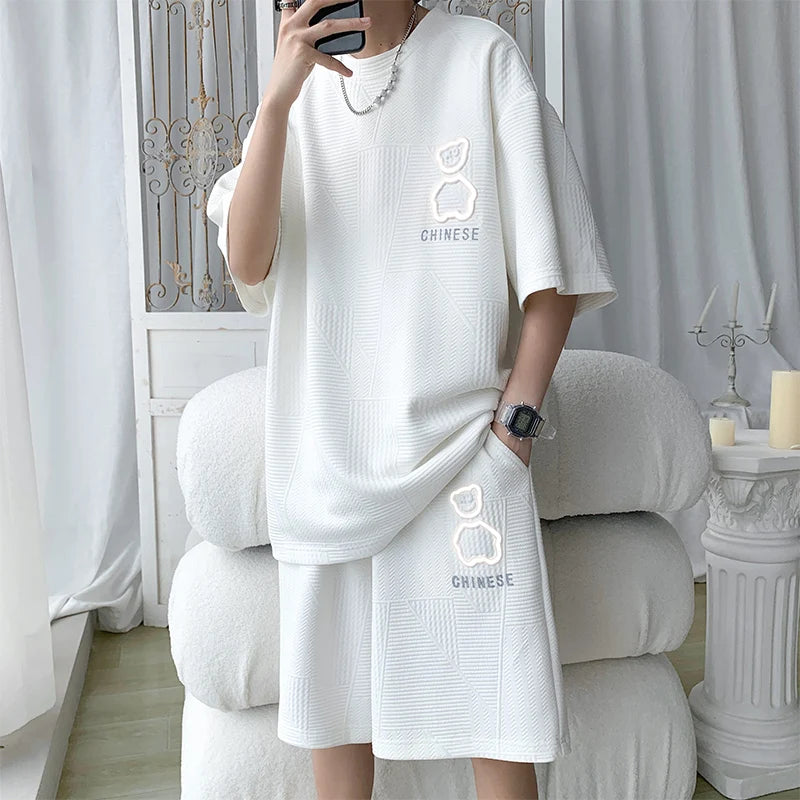 Casual Sportswear Set for Men Summer Short Sleeve Five-Quarter Pants Polyester Fiber Big Size Two-Piece Suit T-Shirt Shorts