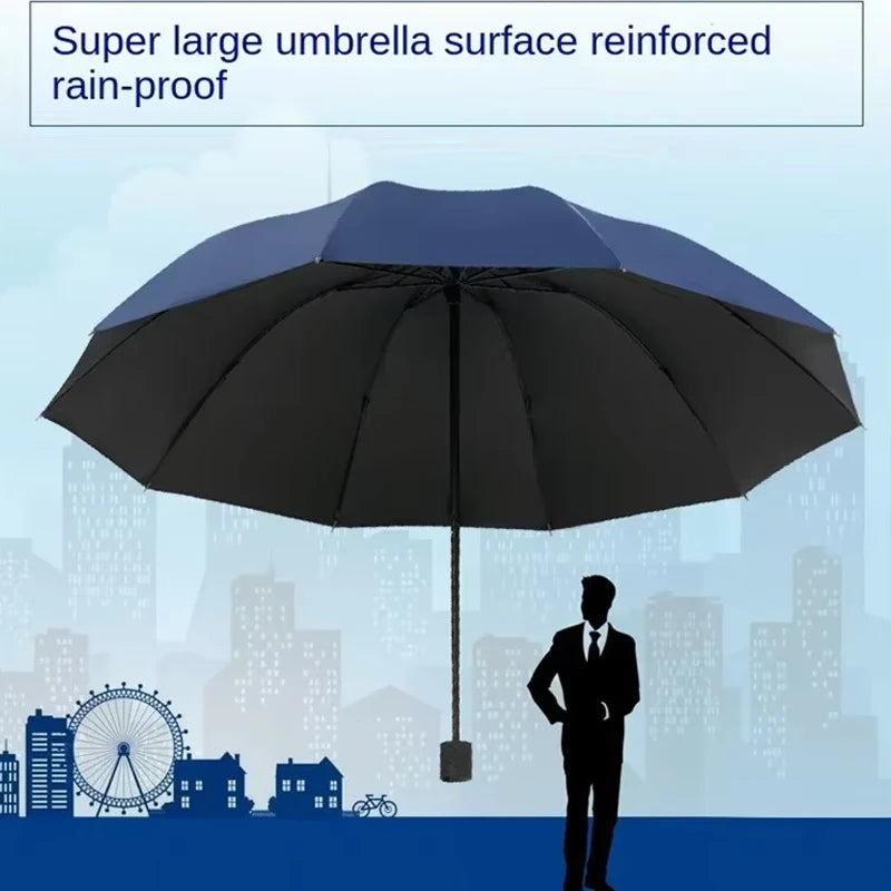 Extra Large 12-Rib Reinforced Umbrella Windproof UV Protection Heavy Rain Compact Fold Design 130cm for Sun And Rain