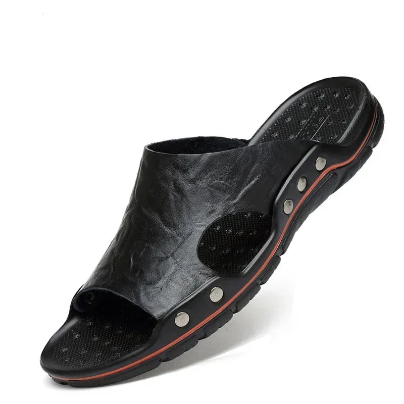 YRZL Mens Sandals PU Leather Classic Summer Men Slippers Soft Black Slippers Big Size Slippers Lightweight EVA Slides for Men