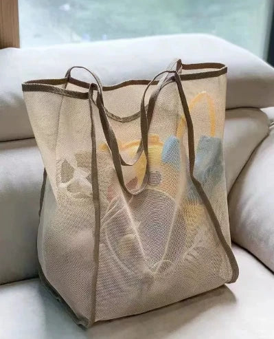 Extra Large Foldable Mesh Tote with Sturdy Handles, Durable Polyester Storage Bag for Beach Toys, Shells, Clothes & Towels