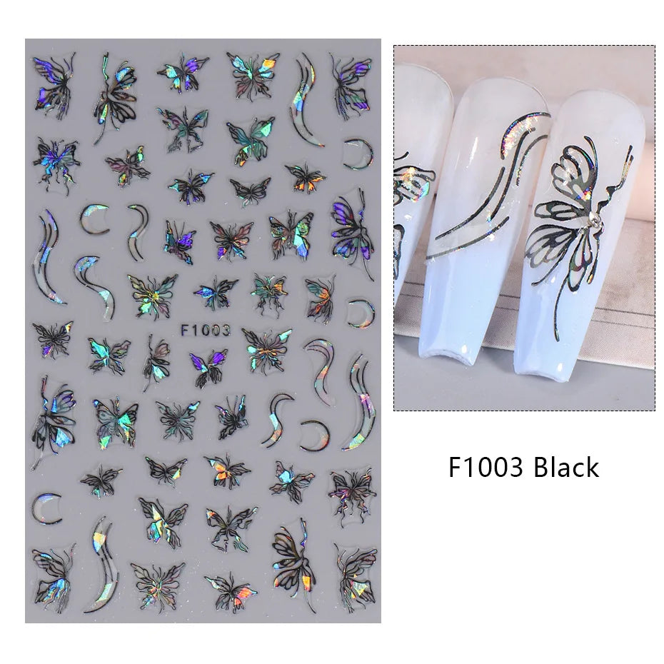 1PCS Black White Butterfly Laser Nail Stickers Y2K Nail Art Decoration Abstract Lines Bronzing Flowers Stickers For Nails