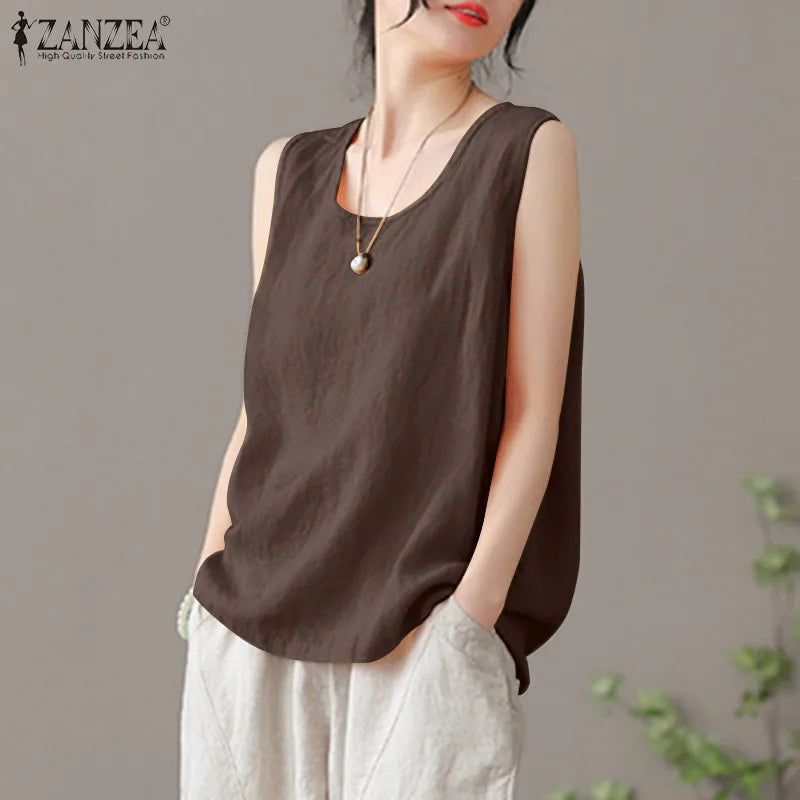 2024 ZANZEA Fashion Summer Beach Shirt Women O Neck Sleeveless Tanks Tops Female Party Solid Loose Blouse Elegant OL Work Blusas