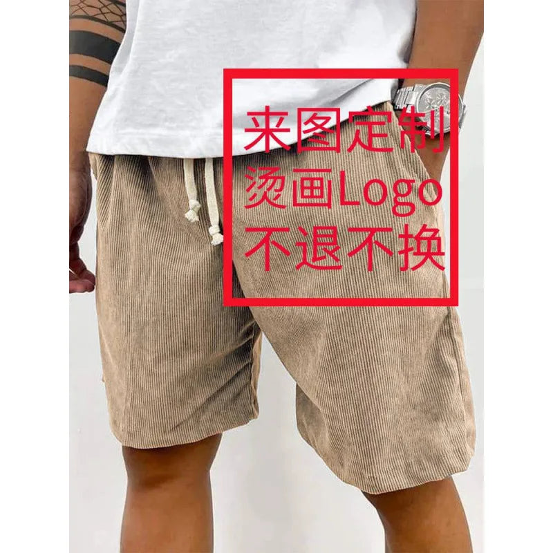 New 2025 Men's Summer Casual Drawstring Corduroy Retro Shorts Comfortable Loose Fit Plain Patterned Versatile for Daily Wear