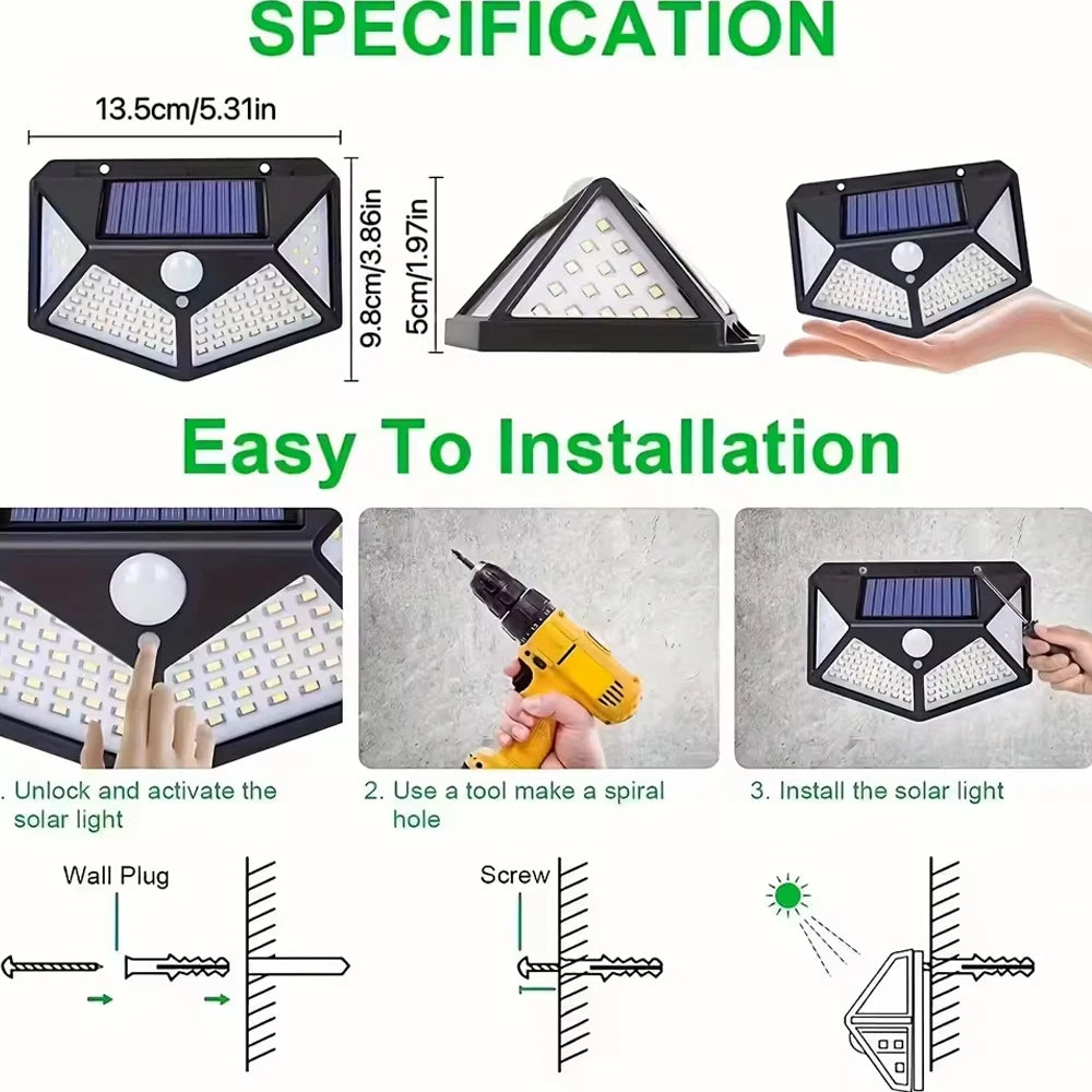 Outdoor Solar Patio Wall Light, Garden Home Wall Decor 100 LED Exterior Wall Light