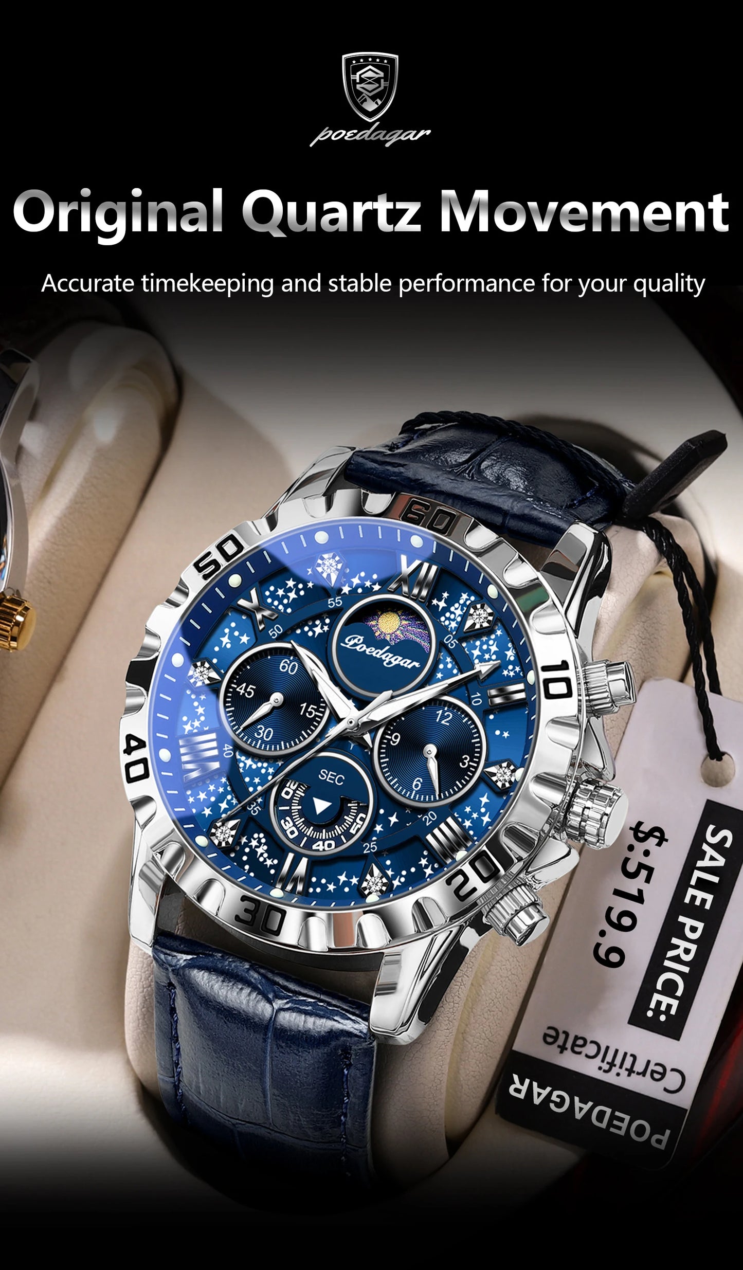POEDAGAR Luxury Fashion Man Watch Waterproof Luminous Chronograph Leather Watches For Men Sports Outdoor Men's Quartz Wristwatch