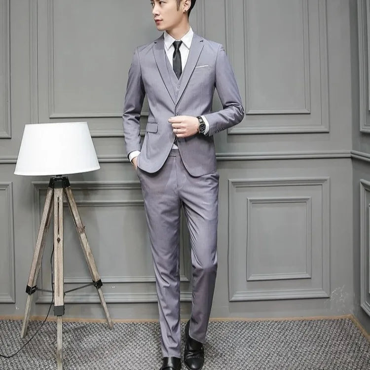 Men Suit 3 Piece Set Slim Fit Korean Style Best Man Groom Wedding Tuxedo Brother Group Formal Attire