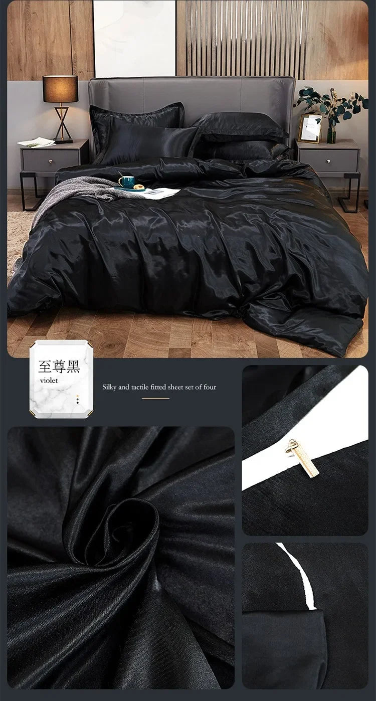Solid Color Silk-like Bedding European and American Bed Sheet Quilt Cover Pillowcase