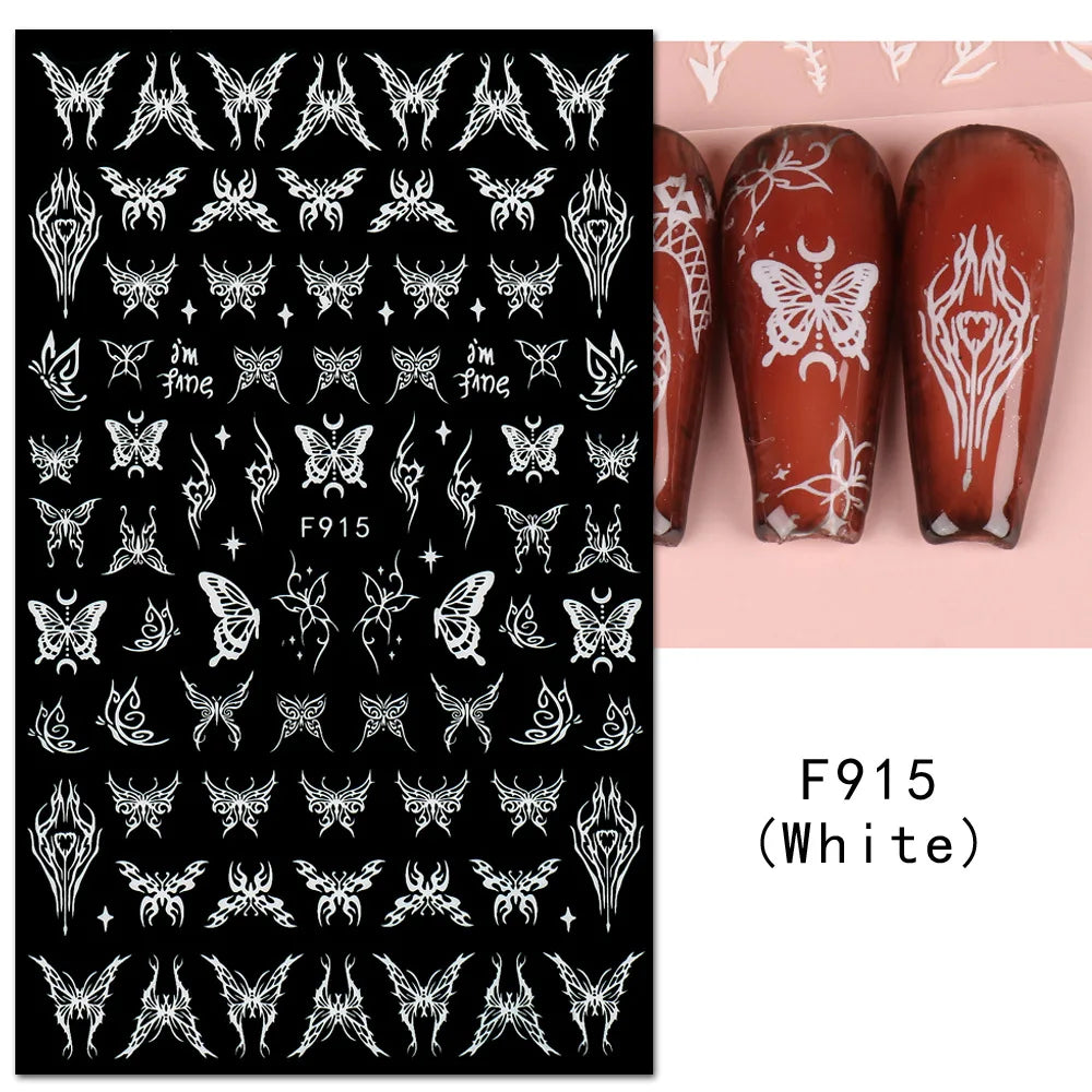 1PCS Black White Butterfly Laser Nail Stickers Y2K Nail Art Decoration Abstract Lines Bronzing Flowers Stickers For Nails