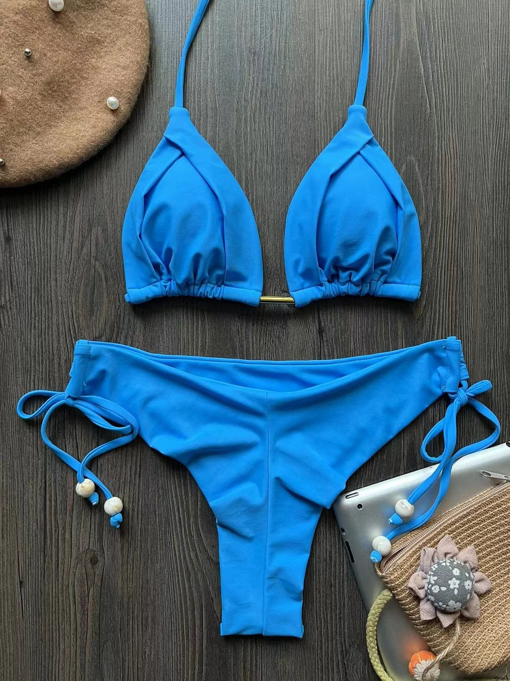 Solid color bikini set 2026 women's new swimsuit 2-piece set bead neck hanging bikinis summer beach Swimwear