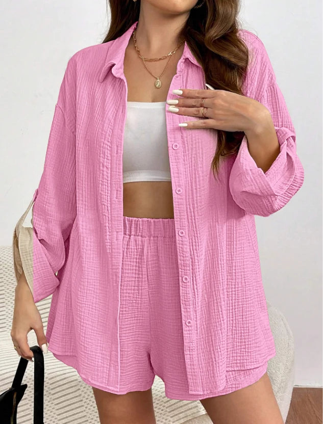 Solid Color Casual Loose Short Pants Sets For Women 2025 Elegant Summer Women's Two Pieces Suit Full Set Female Outfit Clothes